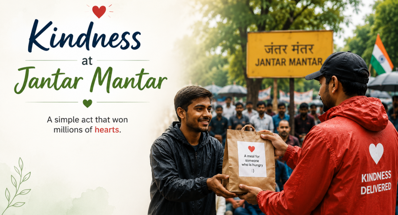 A delivery partner hands a food packet to a protester at Jantar Mantar, highlighting an inspiring act of kindness and community support.