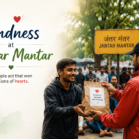 A delivery partner hands a food packet to a protester at Jantar Mantar, highlighting an inspiring act of kindness and community support.