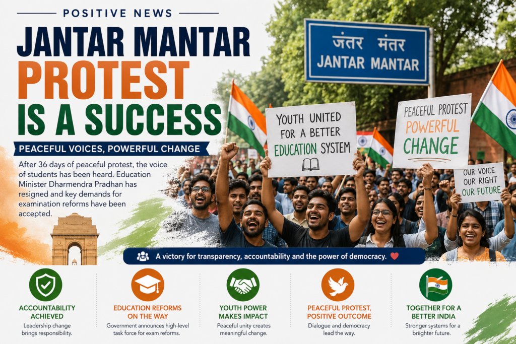 Students celebrate at Jantar Mantar following the successful conclusion of a peaceful protest calling for education reforms.