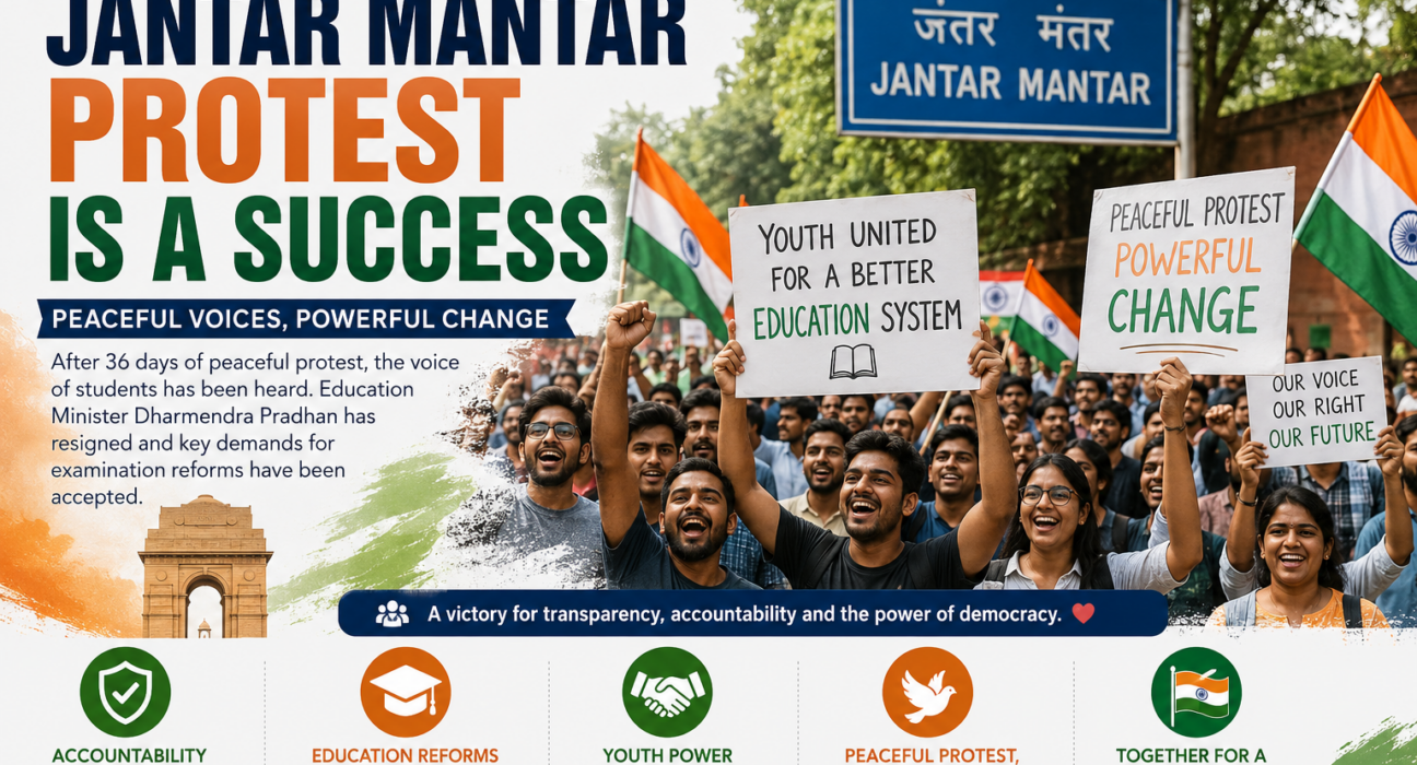 Students celebrate at Jantar Mantar following the successful conclusion of a peaceful protest calling for education reforms.