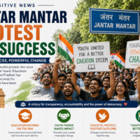 Students celebrate at Jantar Mantar following the successful conclusion of a peaceful protest calling for education reforms.