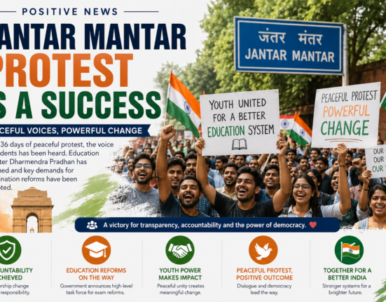 Students celebrate at Jantar Mantar following the successful conclusion of a peaceful protest calling for education reforms.