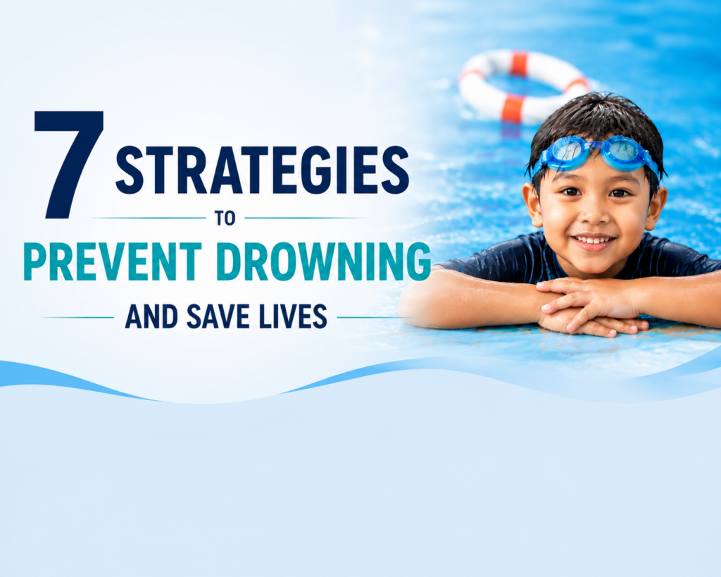 A child wearing swimming goggles in a pool alongside the headline "7 Strategies to Prevent Drowning and Save Lives.