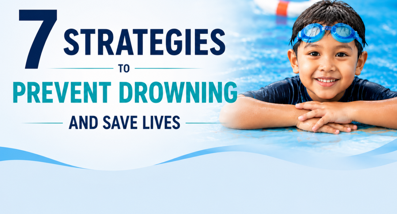 A child wearing swimming goggles in a pool alongside the headline "7 Strategies to Prevent Drowning and Save Lives.