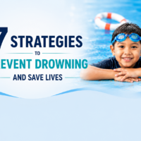 A child wearing swimming goggles in a pool alongside the headline "7 Strategies to Prevent Drowning and Save Lives.