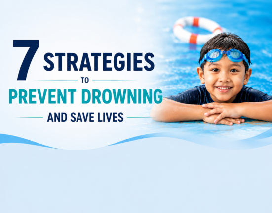 A child wearing swimming goggles in a pool alongside the headline "7 Strategies to Prevent Drowning and Save Lives.
