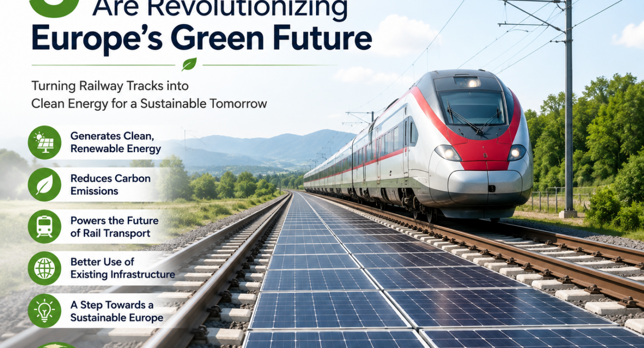 Train running on solar-powered railway tracks in Europe.