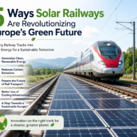 Train running on solar-powered railway tracks in Europe.