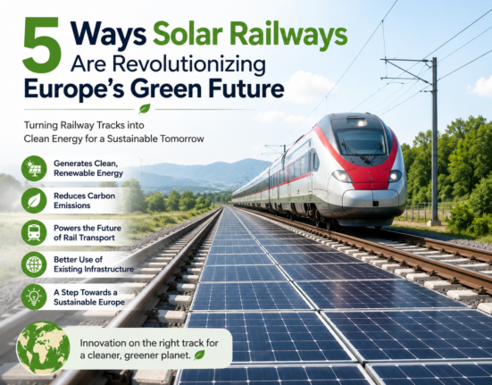 Train running on solar-powered railway tracks in Europe.