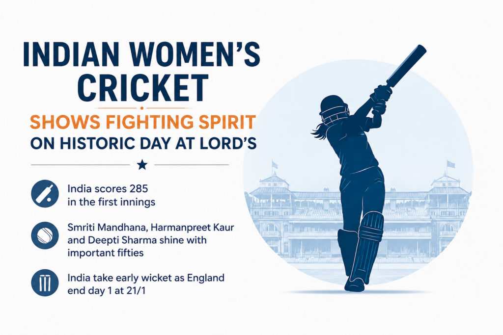 Clean poster showing Indian women’s cricket highlights at Lord’s.