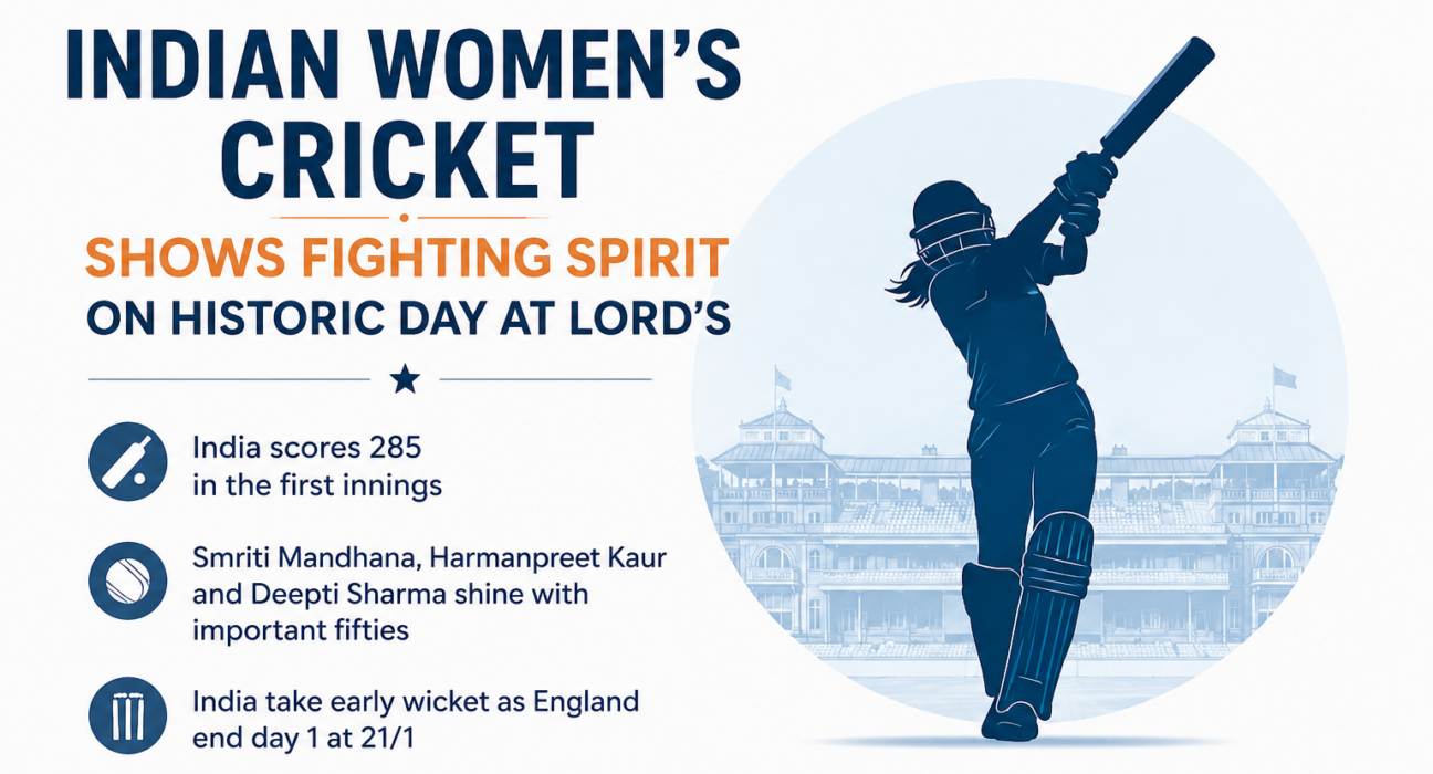 Clean poster showing Indian women’s cricket highlights at Lord’s.