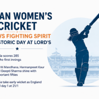 Clean poster showing Indian women’s cricket highlights at Lord’s.