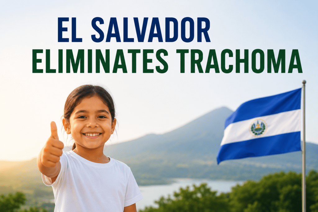 Smiling child with the El Salvador flag celebrating the elimination of trachoma.
