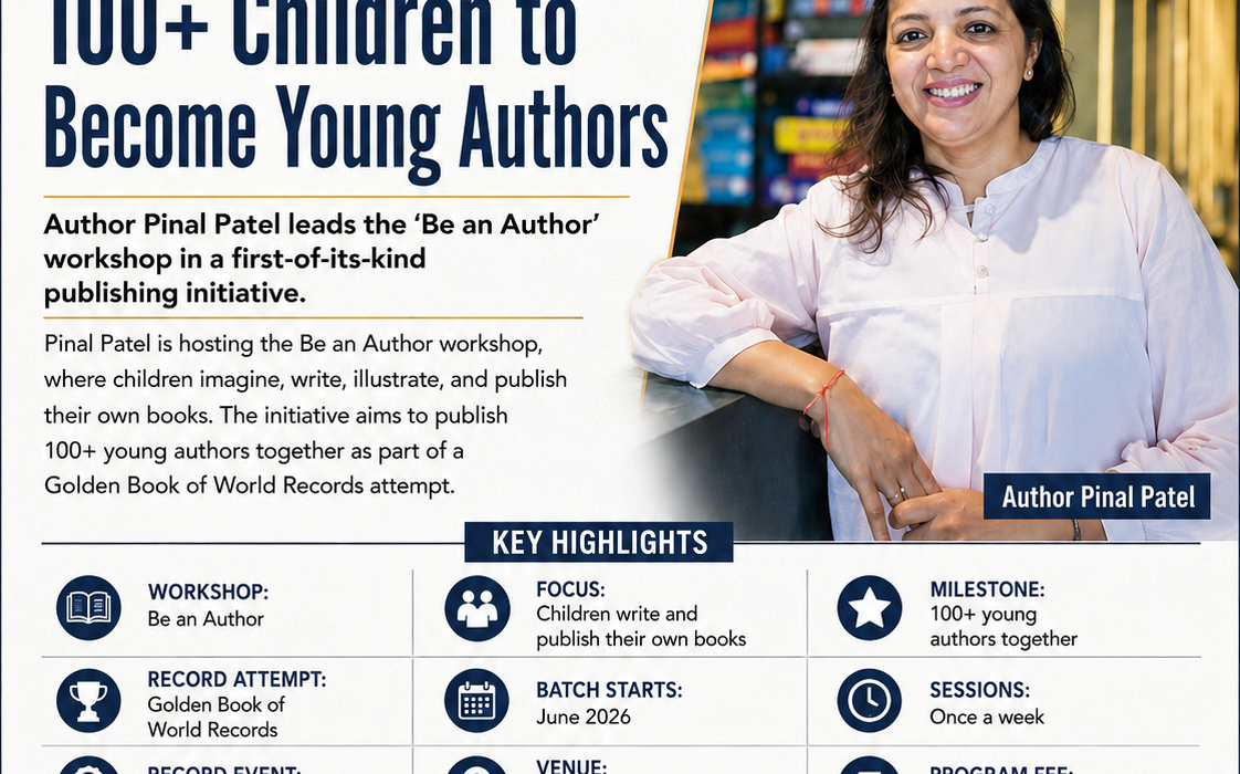 Author Pinal Patel leading the Be an Author initiative, where 100+ children write, illustrate, and publish their own books.