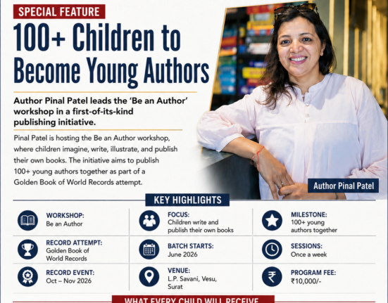 Author Pinal Patel leading the Be an Author initiative, where 100+ children write, illustrate, and publish their own books.