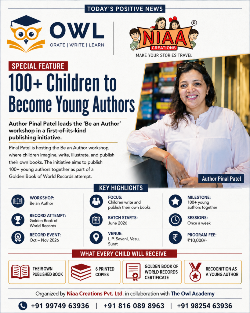 Author Pinal Patel leading the Be an Author initiative, where 100+ children write, illustrate, and publish their own books.