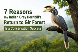 Indian Grey Hornbill perched on a tree in Gir Forest.