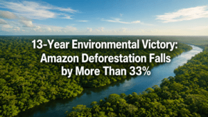 Amazon rainforest showing a 33% decline in deforestation.