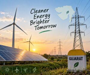 Solar panels, wind turbines and transmission lines supporting Gujarat’s clean-energy future.