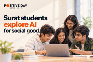 Surat students collaborating on AI ideas for social good.